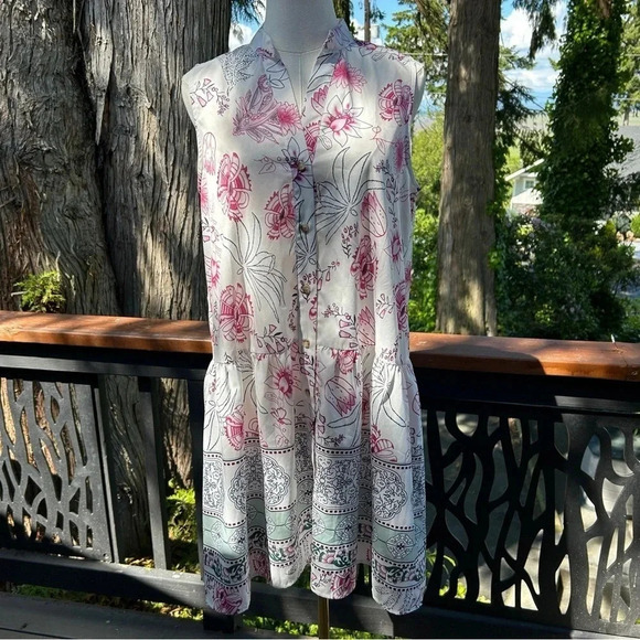 Women’s Floral Boho Print Button Down Collared Short Sleeve Dress / Size Medium - Picture 4 of 6